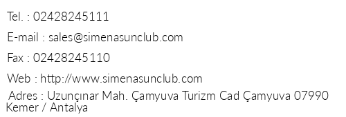 Simena Sun Club telefon numaralar, faks, e-mail, posta adresi ve iletiim bilgileri